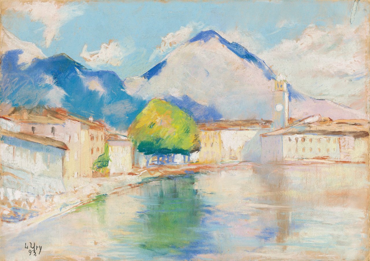 Auf diesem Bild ist das folgende Kunstwerk zu sehen: Lesser Ury. „Lago Maggiore (Dorf im Tessin)“. 1893.