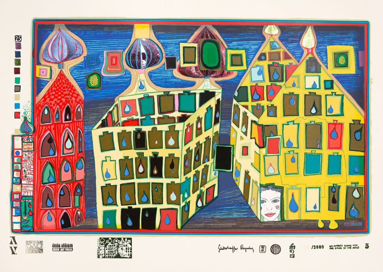 This picture shows the following artwork: Friedensreich Hundertwasser. „Mit der Liebe warten, tut weh, wenn die Liebe woanders ist“. 1971/72.