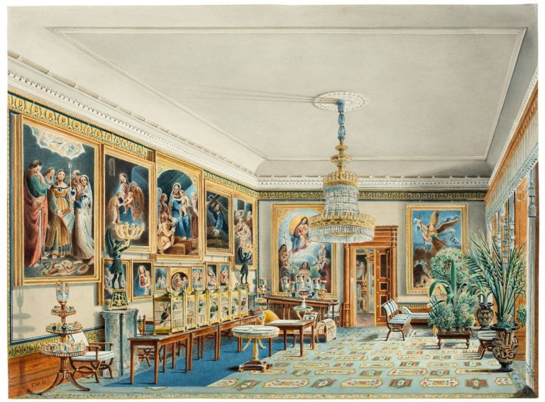 Auf diesem Bild ist das folgende Kunstwerk zu sehen: Friedrich Wilhelm Klose. Das Chamois-Zimmer im Palais Friedrich Wilhelms III. (Kronprinzenpalais), Berlin. Um 1840.