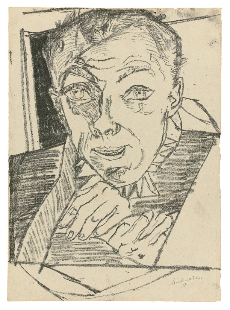 Auf diesem Bild ist das folgende Kunstwerk zu sehen: Max Beckmann. „Selbstbildnis (aus: Die Hölle)“. 1918.