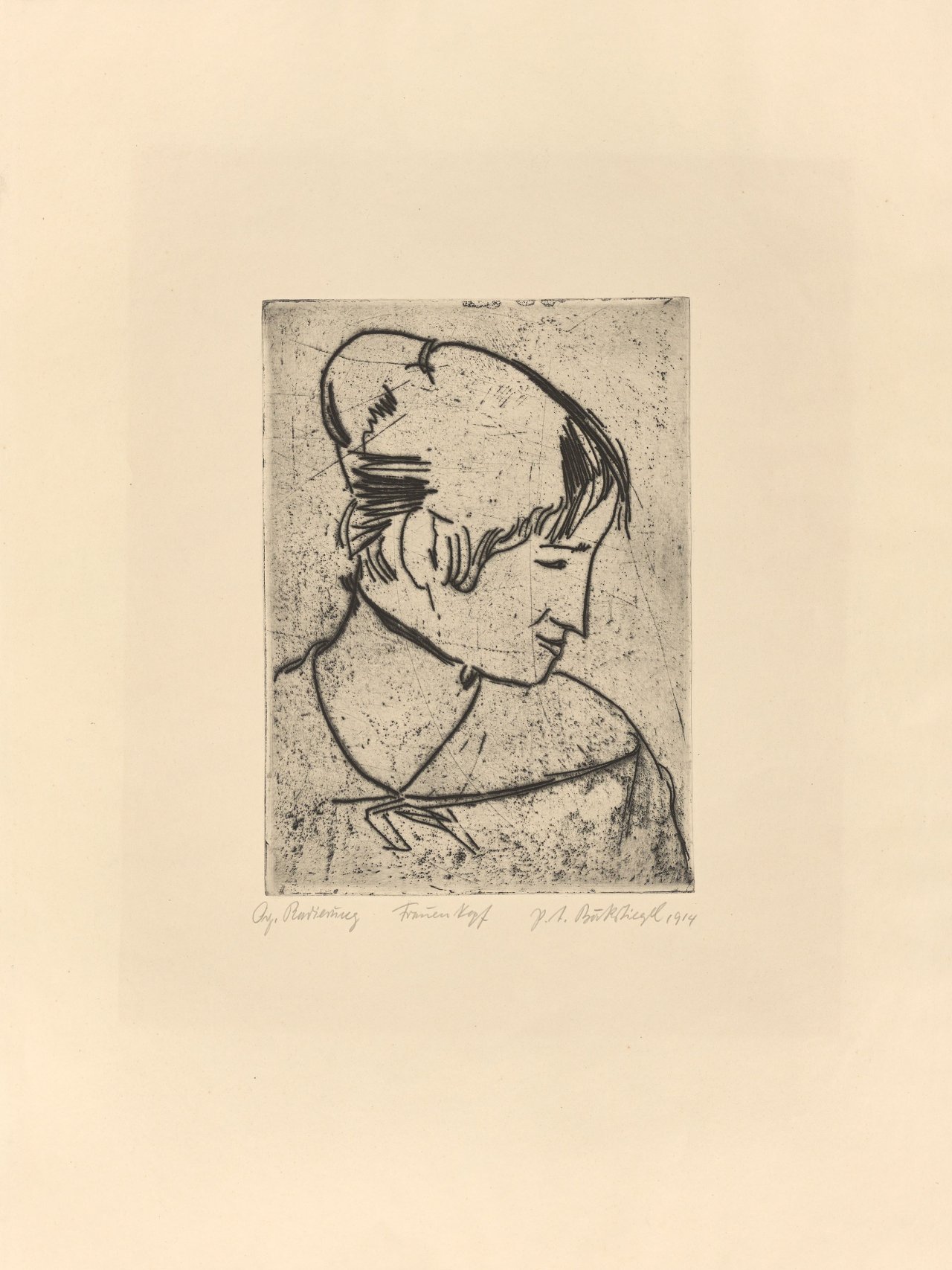 Auf diesem Bild ist das folgende Kunstwerk zu sehen: Peter August Böckstiegel. „Frauenkopf im Profil nach rechts“. 1914.