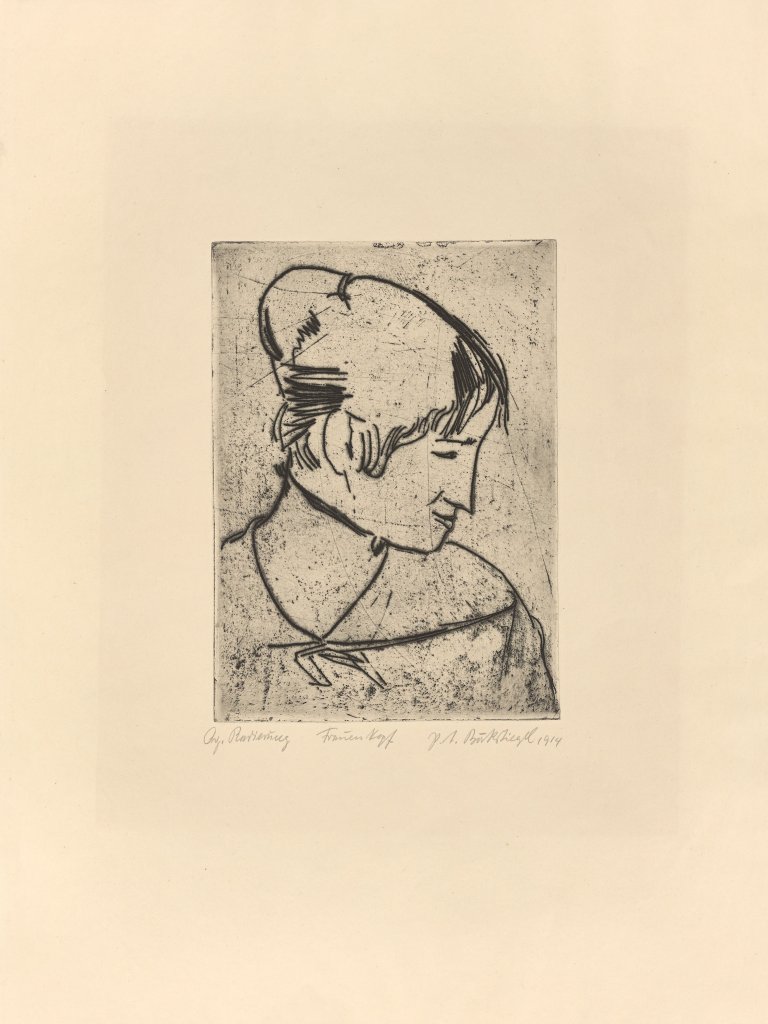 Auf diesem Bild ist das folgende Kunstwerk zu sehen: Peter August Böckstiegel. „Frauenkopf im Profil nach rechts“. 1914.