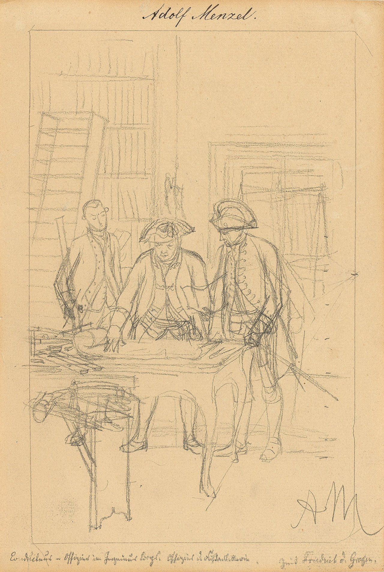 This picture shows the following artwork: Adolph Menzel. Three soldiers standing around a table, looking at a map.