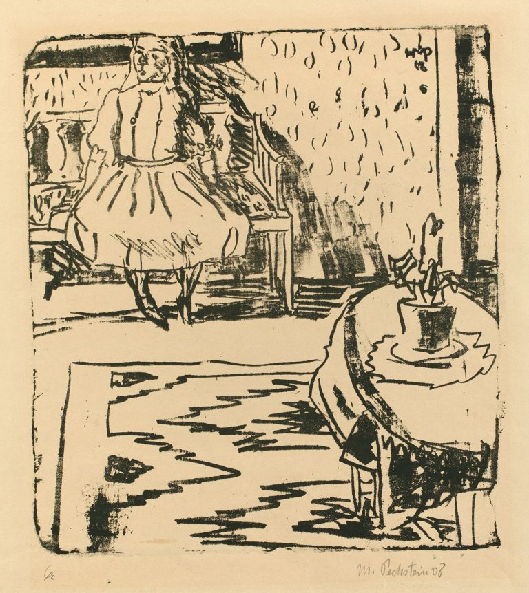 Auf diesem Bild ist das folgende Kunstwerk zu sehen: Max Pechstein. „Kind auf der Bank“. 1908.