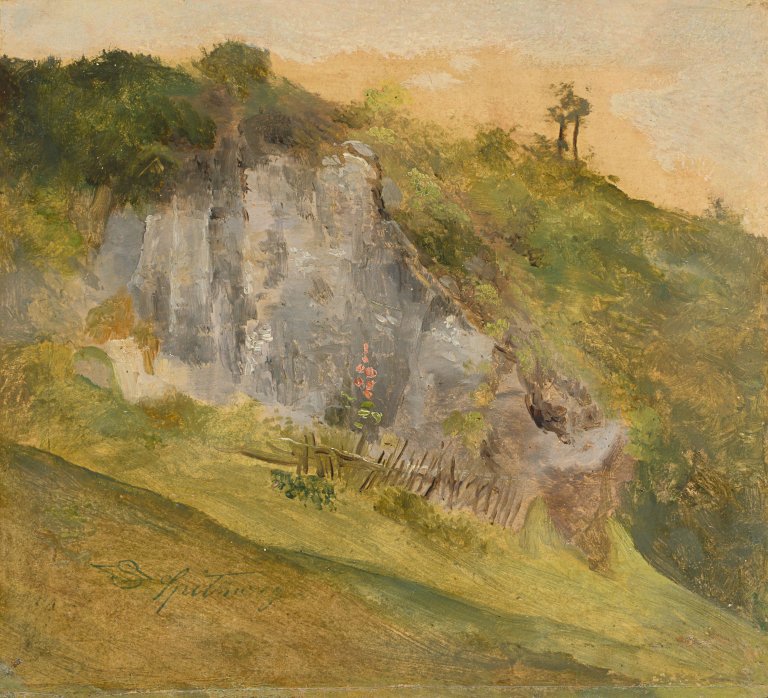 Auf diesem Bild ist das folgende Kunstwerk zu sehen: Carl Spitzweg. Landschaftsstudie mit Felspartie.