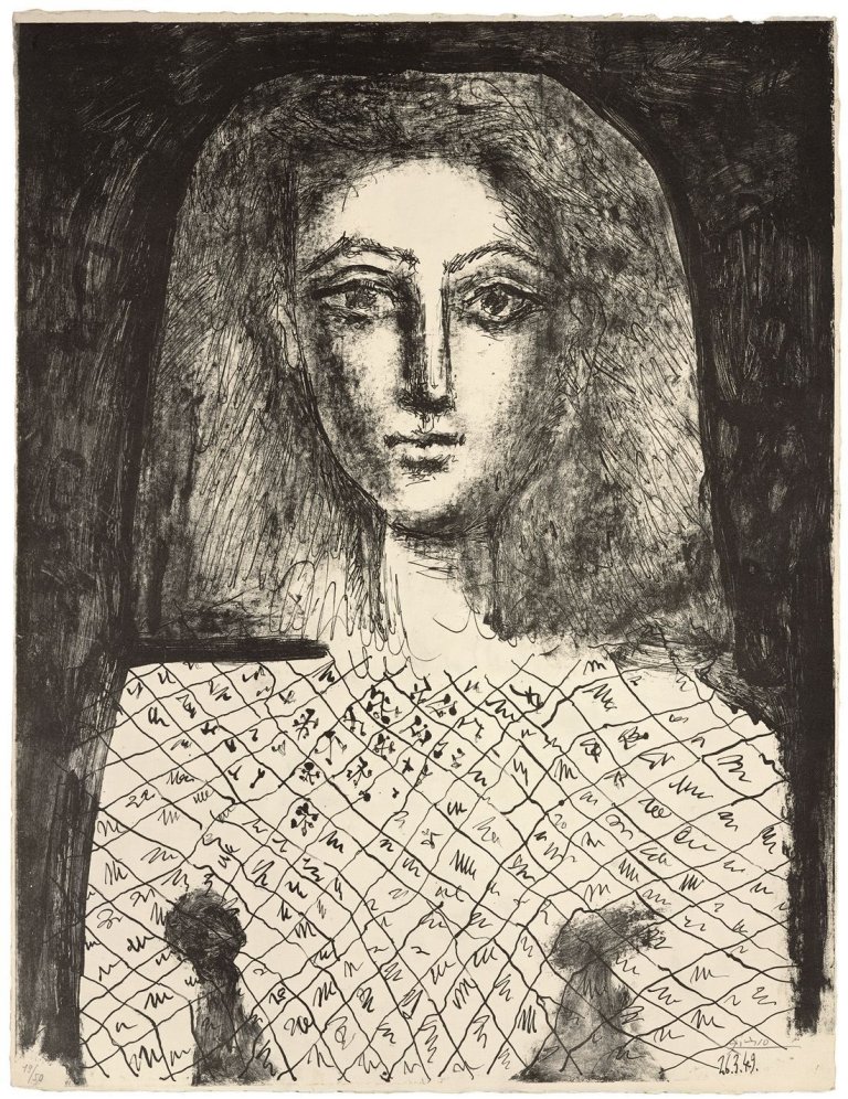 Auf diesem Bild ist das folgende Kunstwerk zu sehen: Pablo Picasso. „Le Corsage à Carreaux“. 1949.