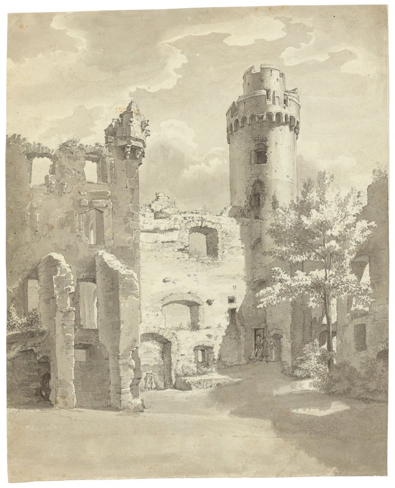 Auf diesem Bild ist das folgende Kunstwerk zu sehen: Ernst Fries. Hof der Burgruine Auerbach a.d. Bergstraße. 1819.