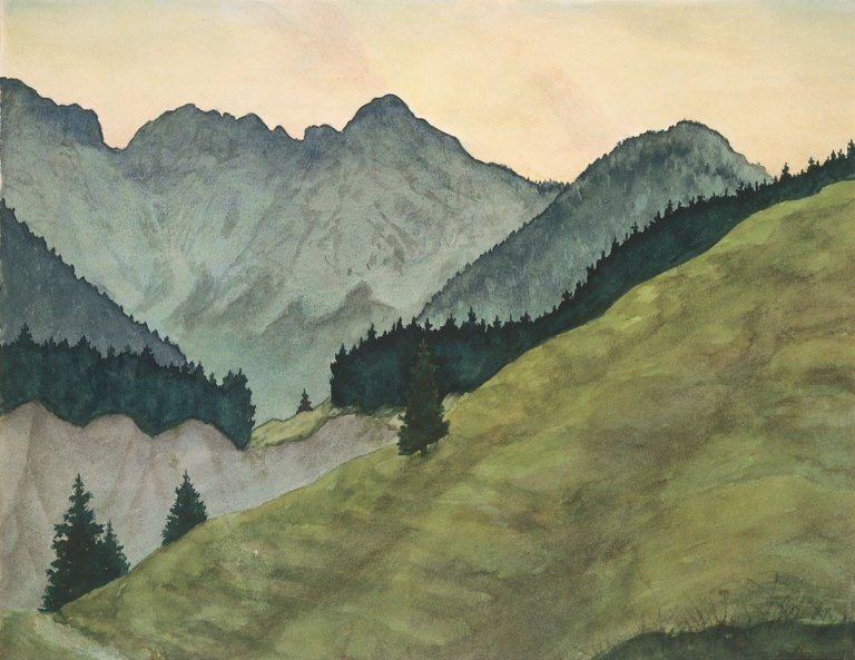 Auf diesem Bild ist das folgende Kunstwerk zu sehen: Christian Schad. Berglandschaft mit Tannen. Um 1935/36.