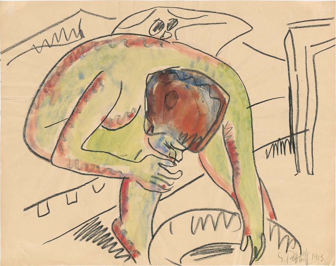 Auf diesem Bild ist das folgende Kunstwerk zu sehen: Karl Schmidt-Rottluff. Sitzender Akt über eine Schüssel gebeugt. 1913.