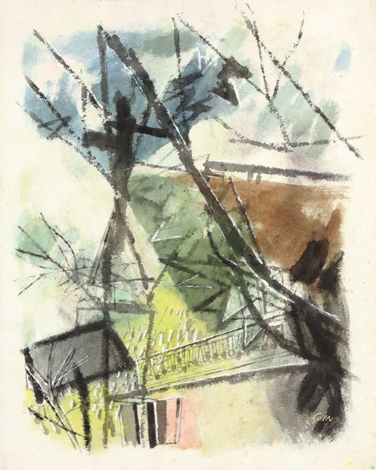 Auf diesem Bild ist das folgende Kunstwerk zu sehen: Xaver Fuhr. „Tiroler Haus unter Bäumen“. Um 1964/67.