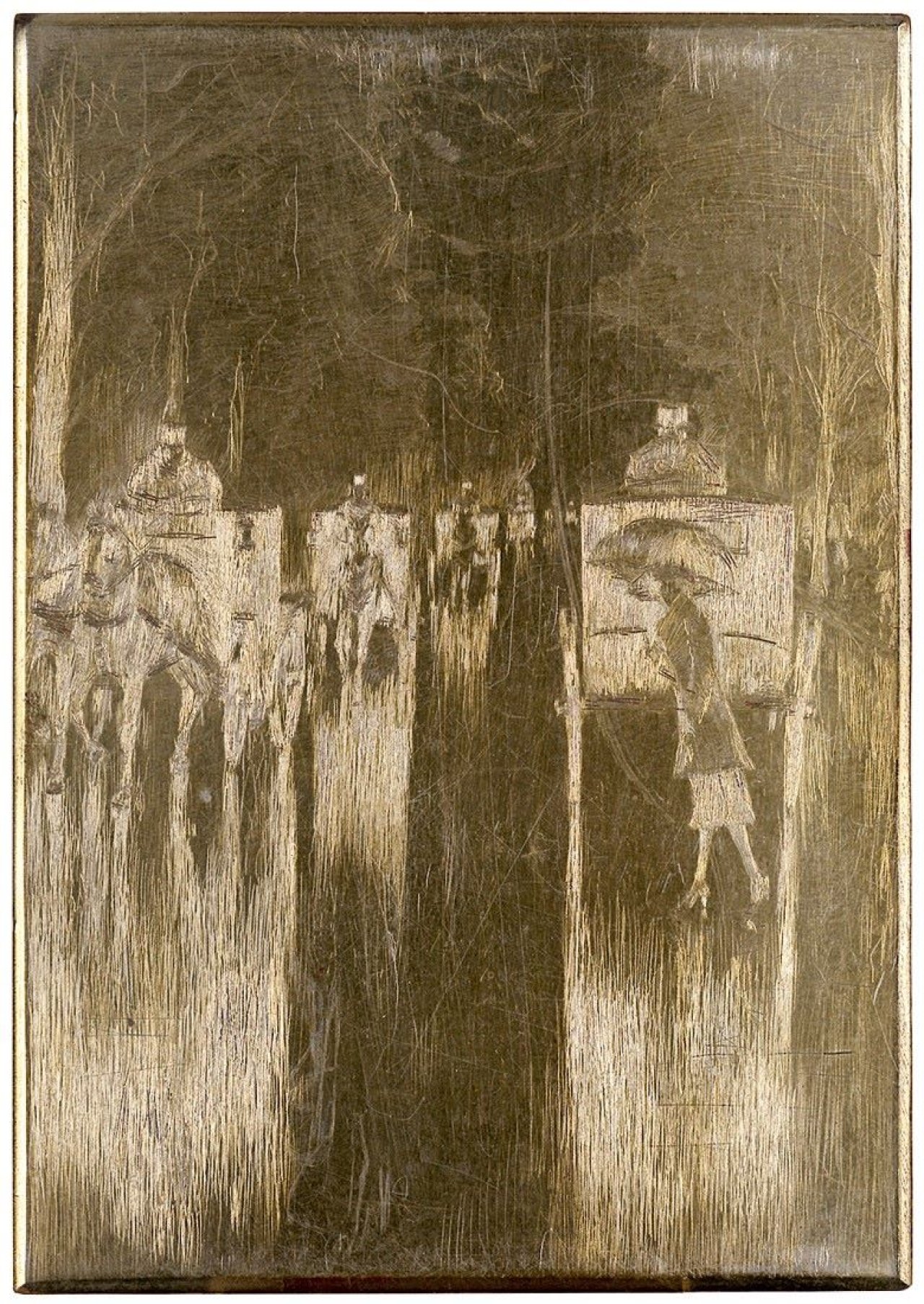 Auf diesem Bild ist das folgende Kunstwerk zu sehen: Lesser Ury. Zu: „Regennasse Tiergartenallee mit Pferdedroschken: Dame mit Schirm überquert die Strasse“. 1921.
