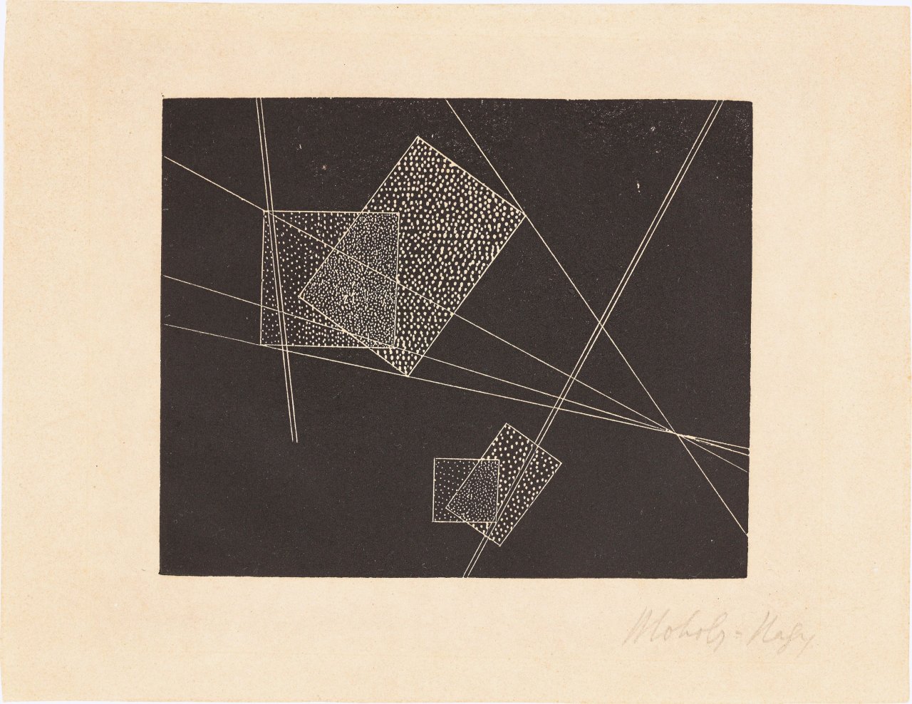 Auf diesem Bild ist das folgende Kunstwerk zu sehen: László Moholy-Nagy. Komposition (Flächen und Achsen). 1923.