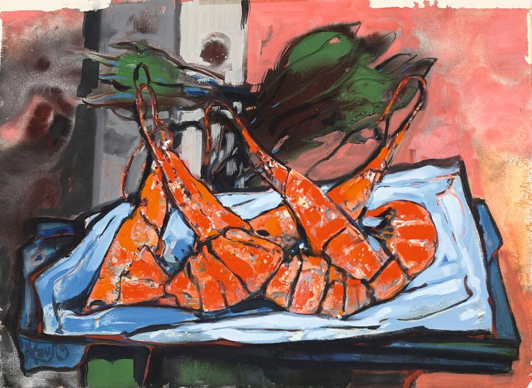 Auf diesem Bild ist das folgende Kunstwerk zu sehen: Max Kaus. Stilleben mit Hummer. 1969.