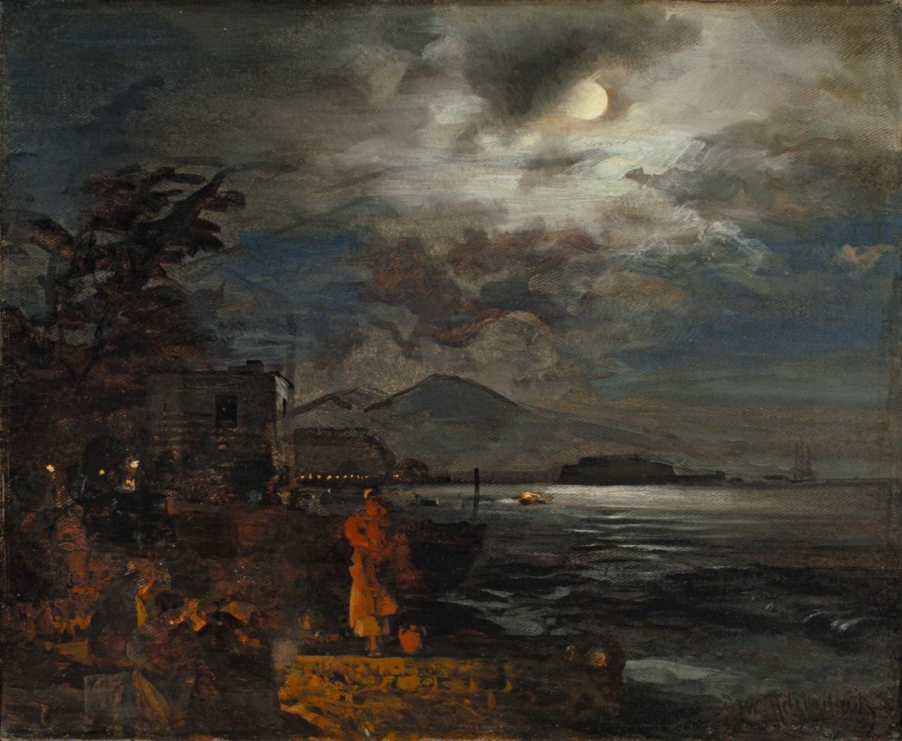 Auf diesem Bild ist das folgende Kunstwerk zu sehen: Oswald Achenbach. Italienische Küste bei Nacht. 1886.