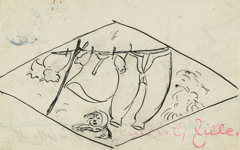 Auf diesem Bild ist das folgende Kunstwerk zu sehen: Heinrich Zille. Auf der Wäschleine. Um 1912.