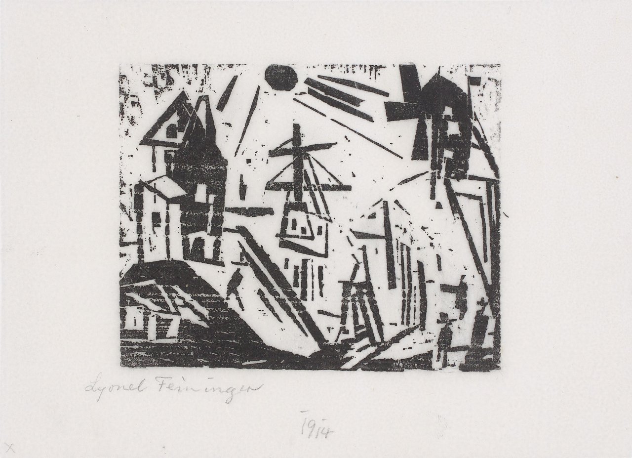 This picture shows the following artwork: Lyonel Feininger. ”Hafen mit Leuchtturm, Sonne und Mühle”. 1919.