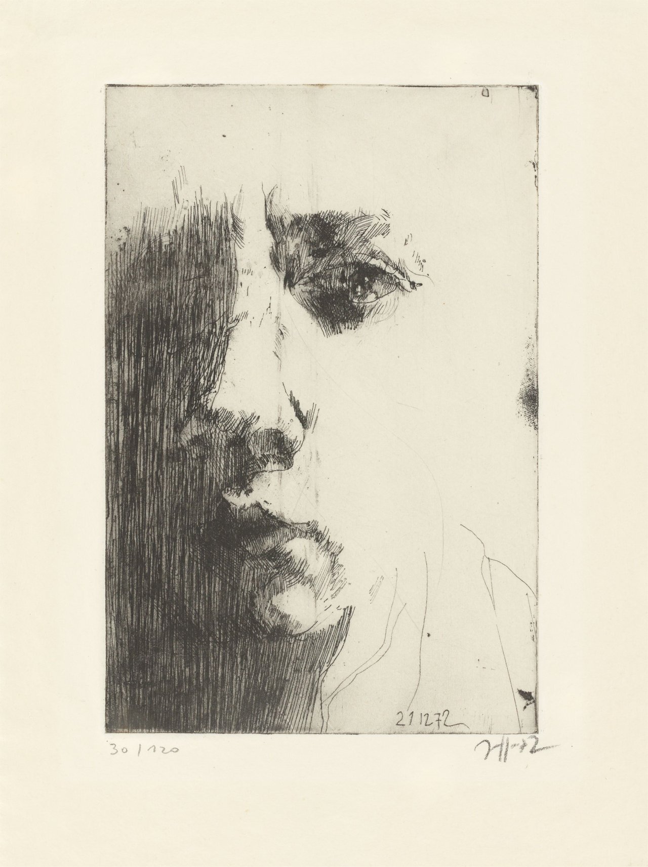 Auf diesem Bild ist das folgende Kunstwerk zu sehen: Horst Janssen. „Selbstbildnis“. 1972.