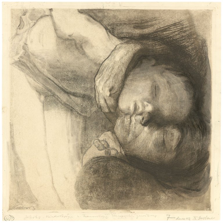 Auf diesem Bild ist das folgende Kunstwerk zu sehen: Käthe Kollwitz. „Tod, Frau und Kind“. 1910.