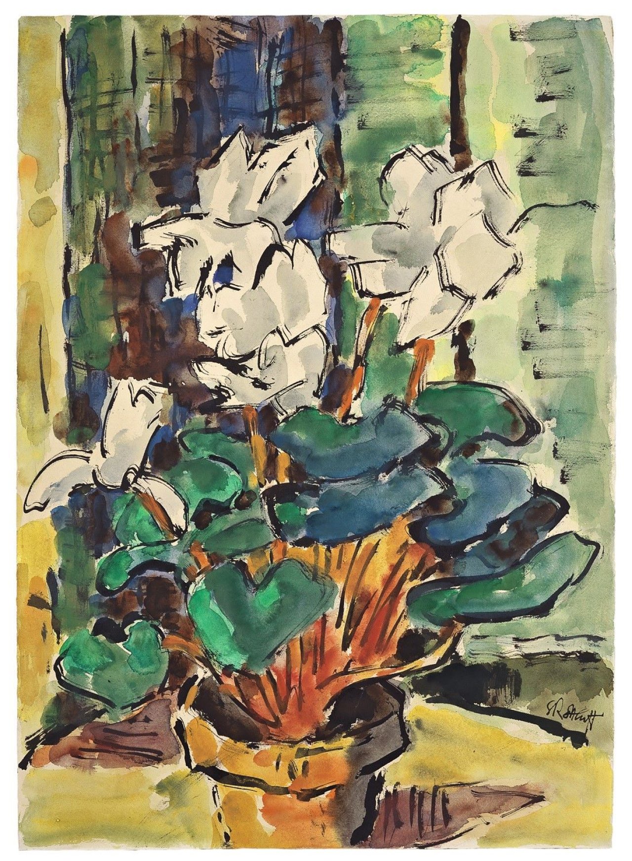 Auf diesem Bild ist das folgende Kunstwerk zu sehen: Karl Schmidt-Rottluff. „Weisse Alpenveilchen“. 1965.