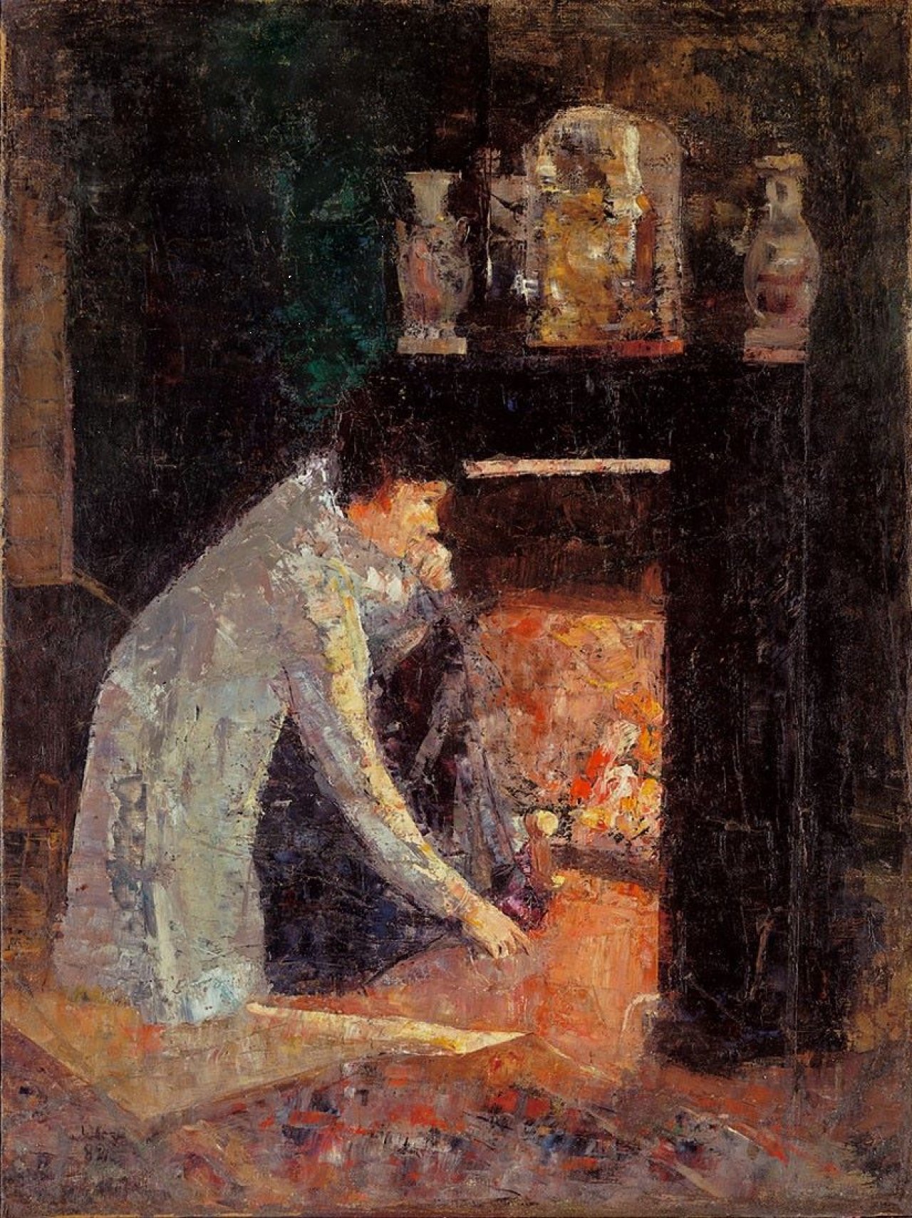 This picture shows the following artwork: Lesser Ury. „Frau am Kaminfeuer“. 1882.