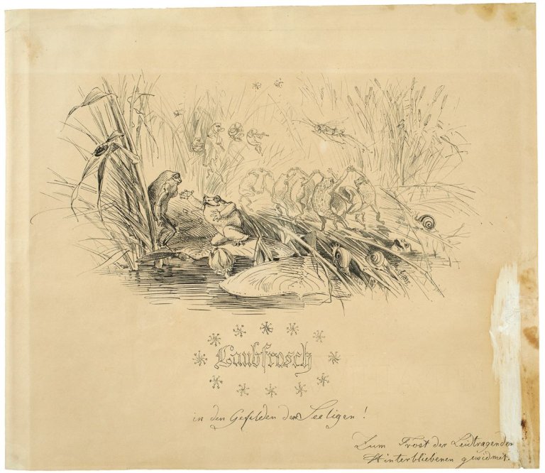 Auf diesem Bild ist das folgende Kunstwerk zu sehen: Adolph Menzel. „Laubfrosch in den Gefilden der Seligen“ (Laubfroschquadrille). 1835.