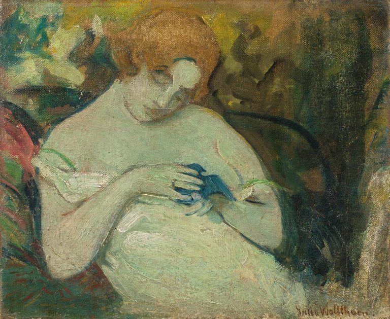 Auf diesem Bild ist das folgende Kunstwerk zu sehen: Julie Wolfthorn. „Frau mit Taube“.