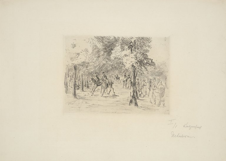 Auf diesem Bild ist das folgende Kunstwerk zu sehen: Max Liebermann. „Tiergarten mit Reitern und Spaziergängern“. 1924.