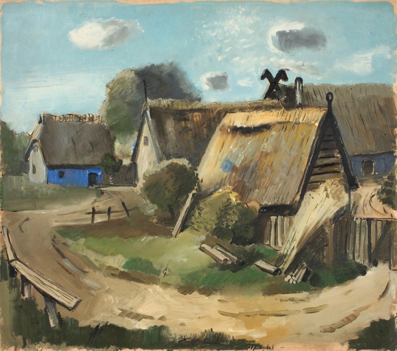 Auf diesem Bild ist das folgende Kunstwerk zu sehen: Hermann Bachmann. Fischerhäuser auf Ahrenshoop. Um 1950.