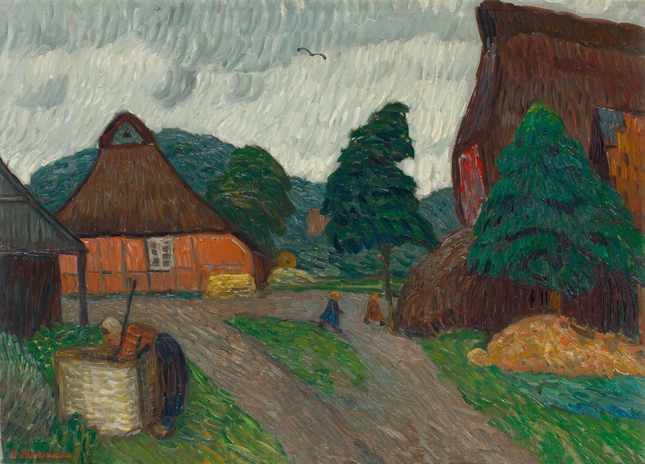 Auf diesem Bild ist das folgende Kunstwerk zu sehen: Otto Modersohn. „Frühjahrsabendsonne in der Bredenau (Banehrs Hof)“. Um 1920 / Rückseitig: „Fischerhuder Bauernhof mit Brunnen“. Um 1910.