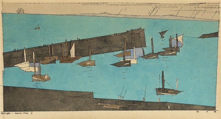Auf diesem Bild ist das folgende Kunstwerk zu sehen: Lyonel Feininger. „Sardinen-Fischer II“. 1932.