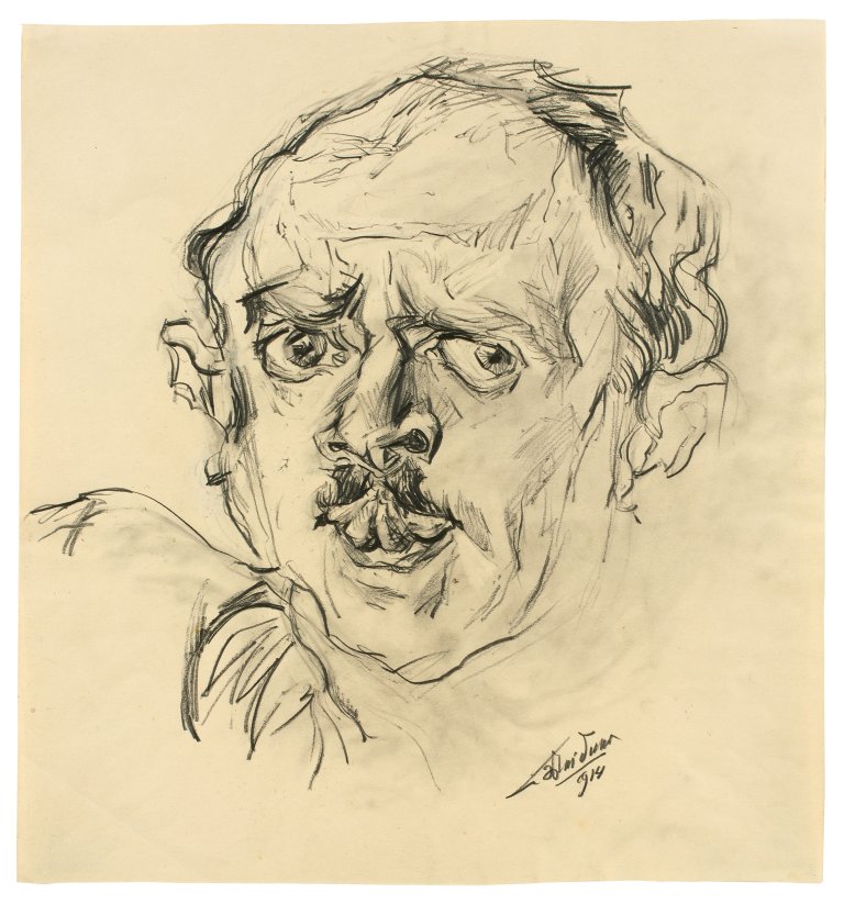 Auf diesem Bild ist das folgende Kunstwerk zu sehen: Ludwig Meidner. Selbstbildnis mit herausgestreckter Zunge. 1914.
