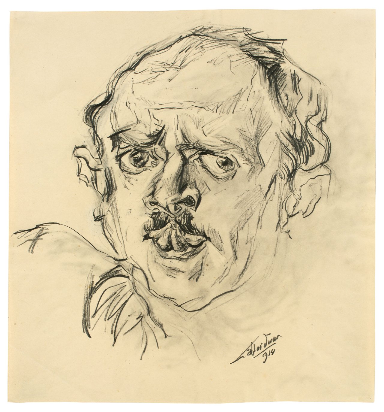 Auf diesem Bild ist das folgende Kunstwerk zu sehen: Ludwig Meidner. Selbstbildnis mit herausgestreckter Zunge. 1914.