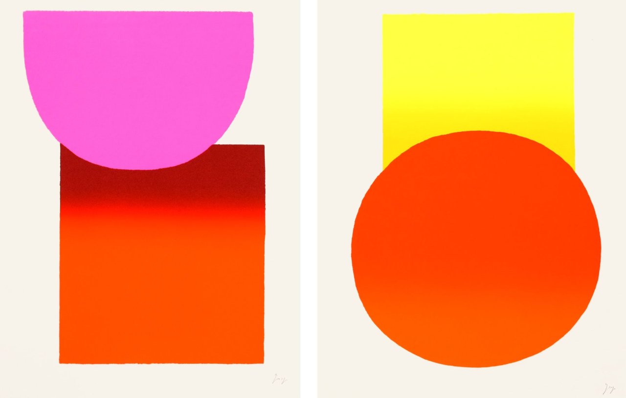 Auf diesem Bild ist das folgende Kunstwerk zu sehen: Rupprecht Geiger. „Pink zu rot“ / „gelb zu orange“. 2003.