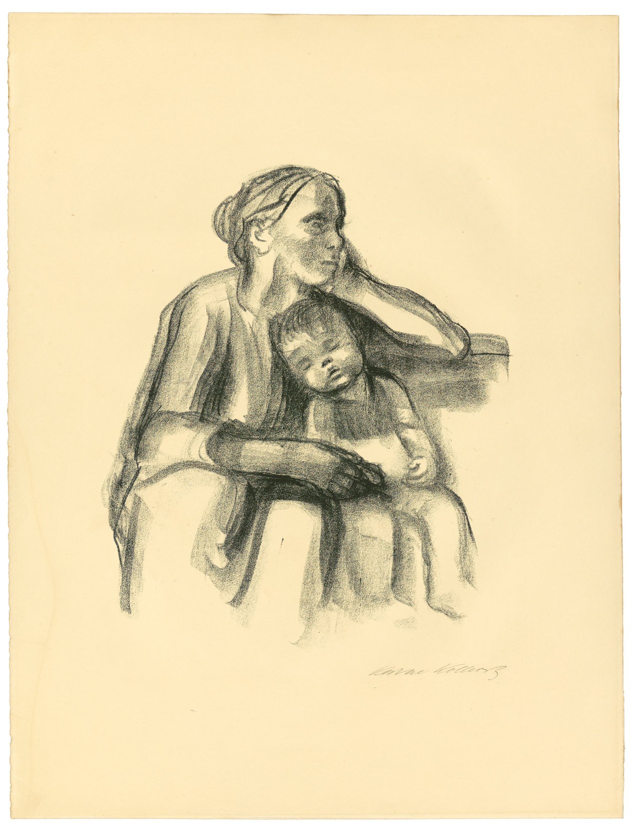 Auf diesem Bild ist das folgende Kunstwerk zu sehen: Käthe Kollwitz. „Arbeiterfrau mit schlafendem Jungen“. 1927.