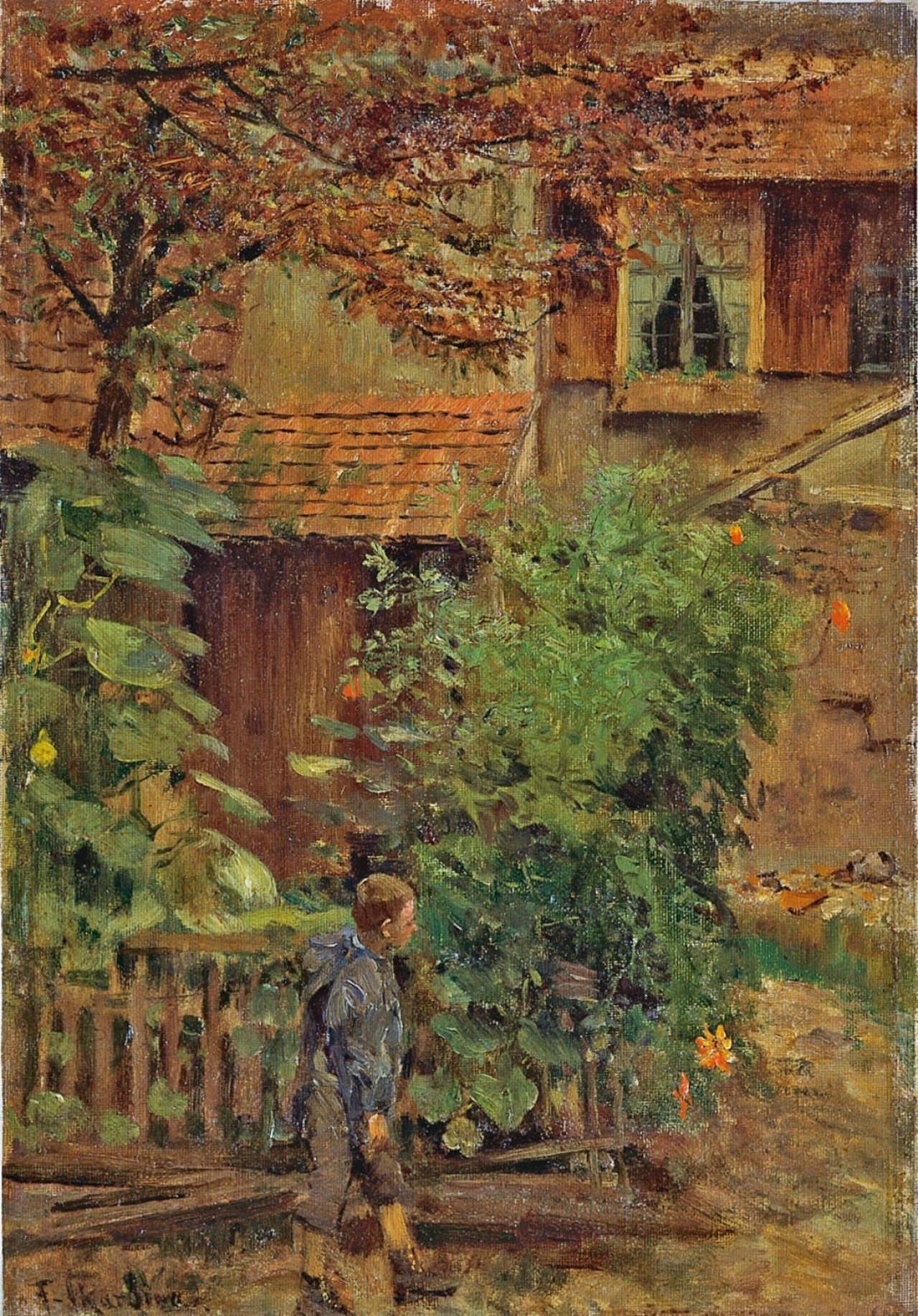 Auf diesem Bild ist das folgende Kunstwerk zu sehen: Franz Skarbina. Dorfszene im Elsass.