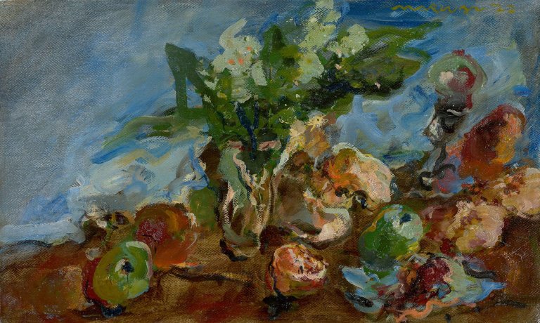 Auf diesem Bild ist das folgende Kunstwerk zu sehen:  Marwan. Stilleben mit Blumen und Früchten. 1977.