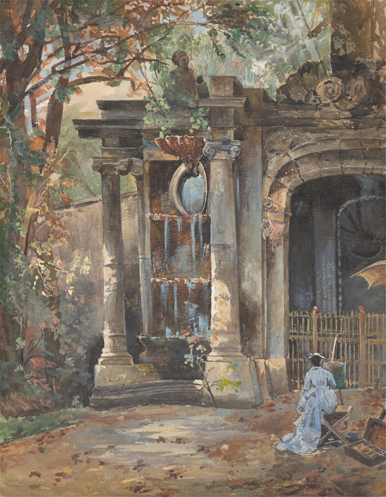 This picture shows the following artwork: Franz Skarbina. „Junge Frau an der Staffelei vor der Neptungrotte im Schlosspark zu Sanssouci“. 2nd half of the 1880s.