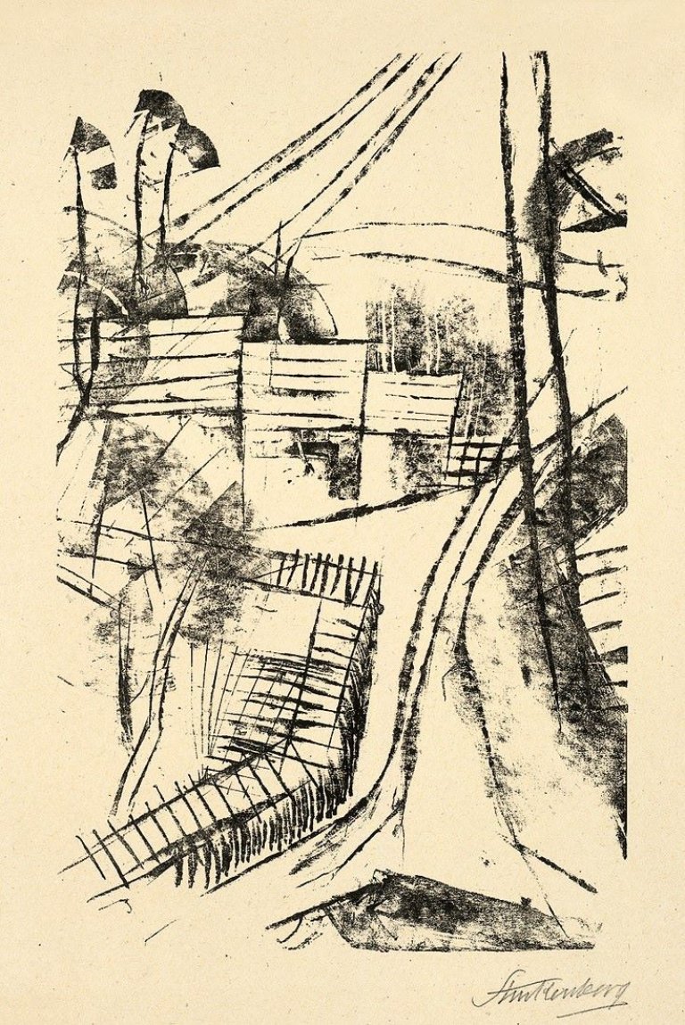 Auf diesem Bild ist das folgende Kunstwerk zu sehen: Fritz Stuckenberg. „Strasse mit drei Häusern“. Um 1921.