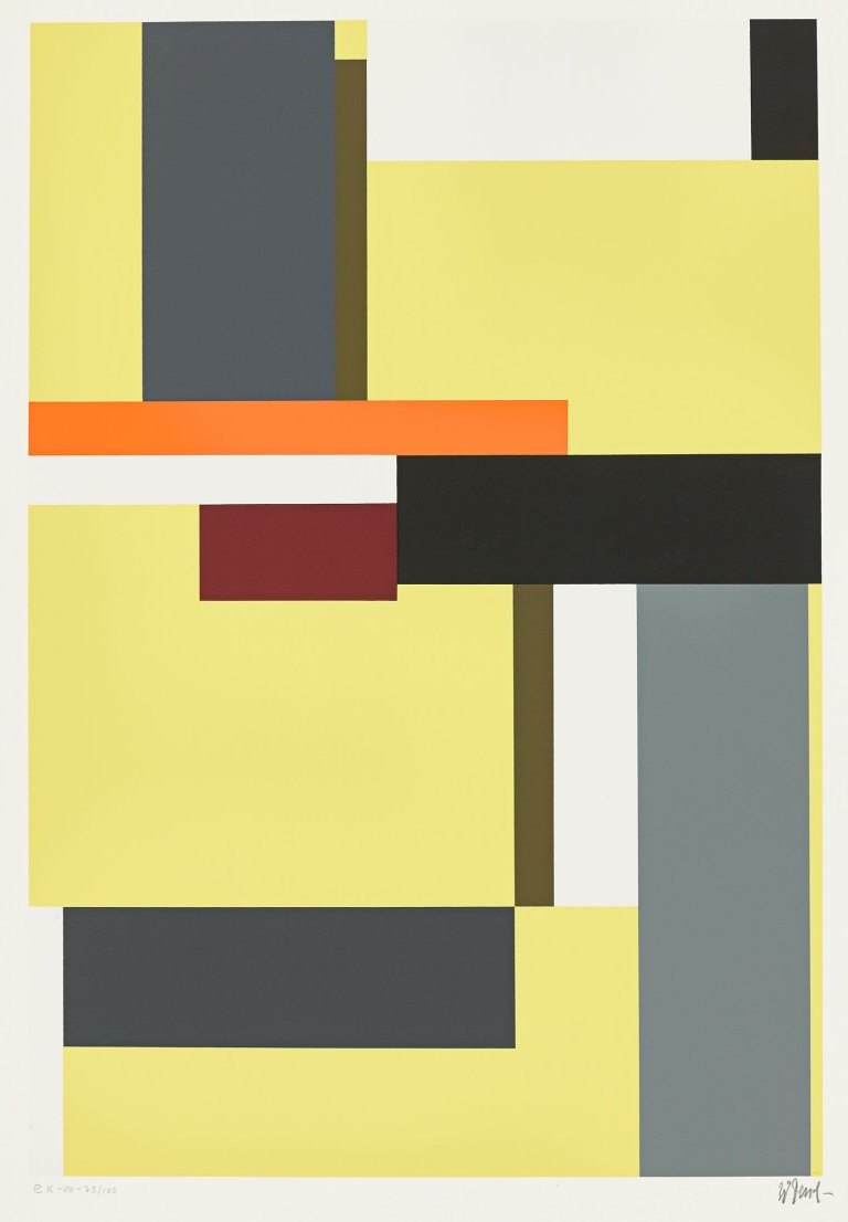 Auf diesem Bild ist das folgende Kunstwerk zu sehen: Walter Dexel. „Komposition auf gelbem Grund“. 1971.