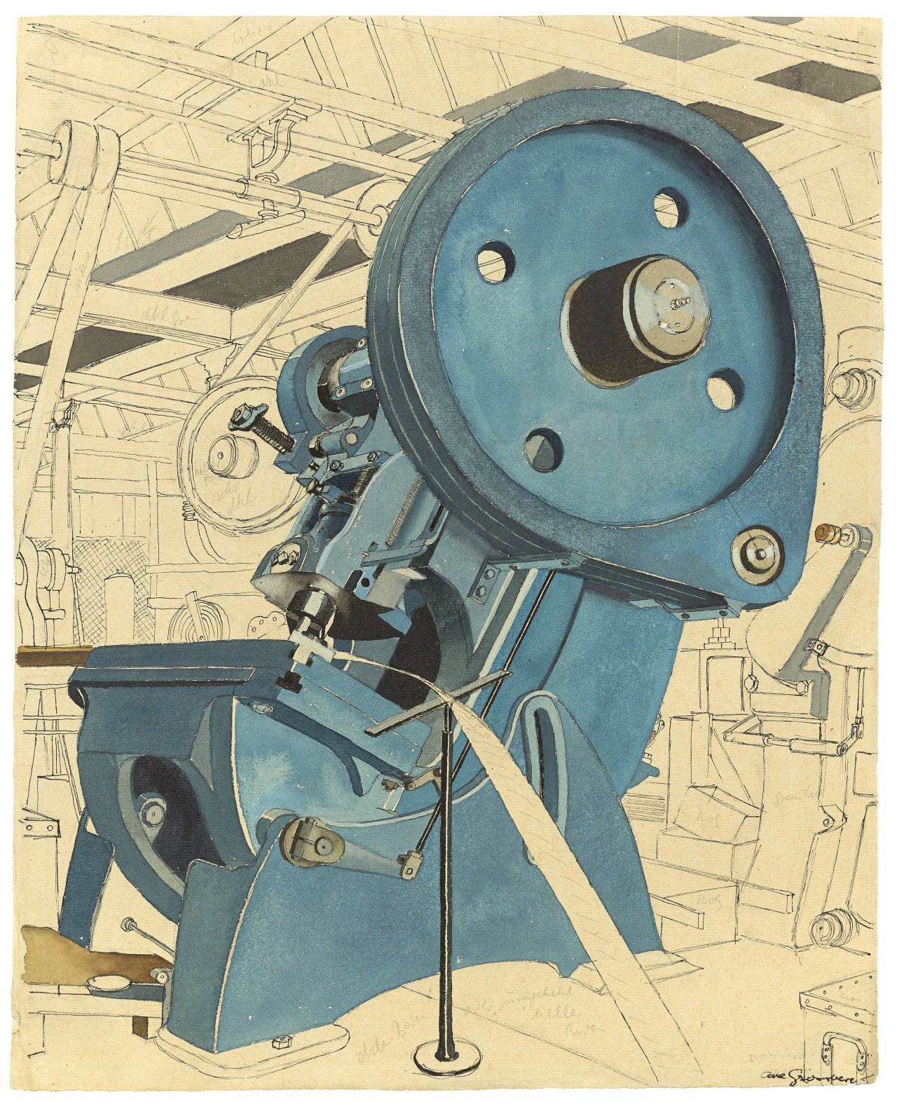 Auf diesem Bild ist das folgende Kunstwerk zu sehen: Carl Grossberg. Blaue Stanzmaschine. 1937.