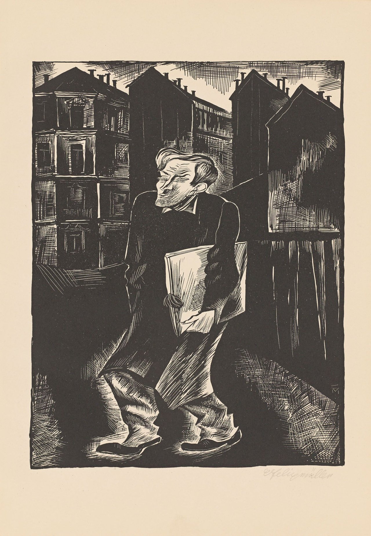 Auf diesem Bild ist das folgende Kunstwerk zu sehen: Conrad Felixmüller. „Not und Armut“ / „In der Welt der Arbeit“ / „Der Proletarier als Model“. 1927.