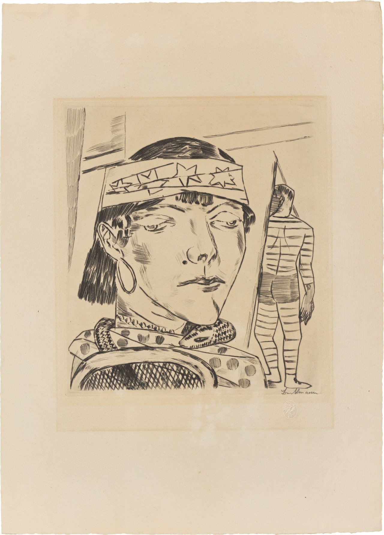 Auf diesem Bild ist das folgende Kunstwerk zu sehen: Max Beckmann. „Schlangendame“ („Schlangenbändigerin“). 1921.