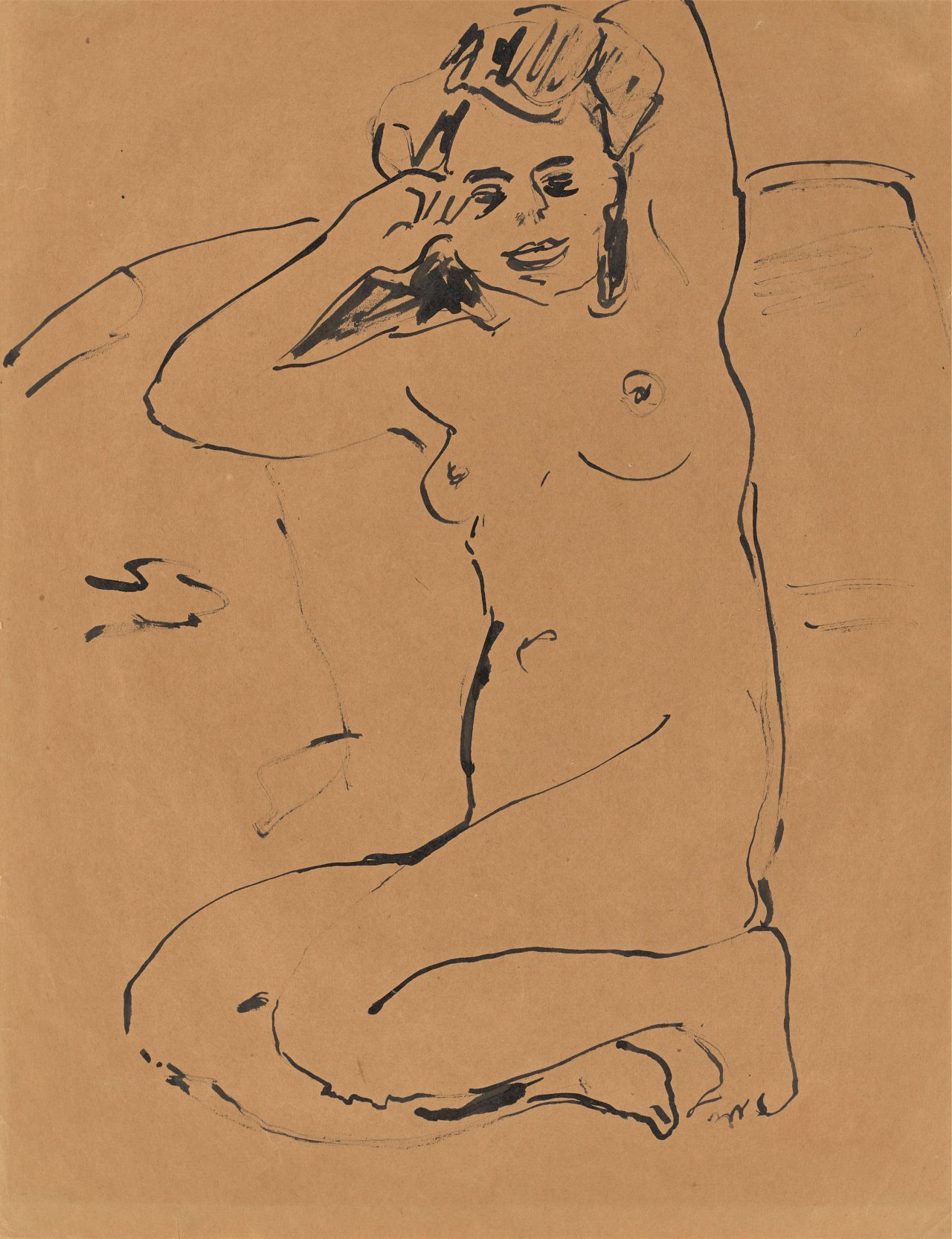 Auf diesem Bild ist das folgende Kunstwerk zu sehen: Ernst Ludwig Kirchner. „Kniender weiblicher Akt mit erhobenen Armen“. Um 1909.