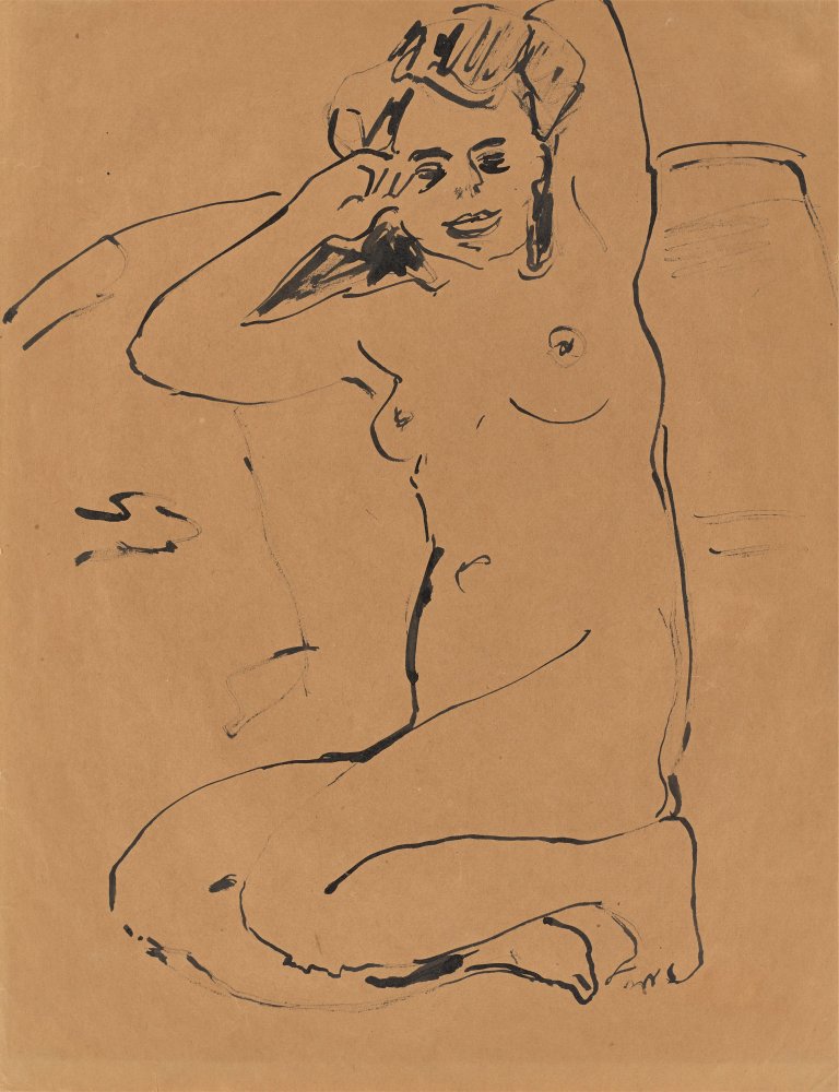 Auf diesem Bild ist das folgende Kunstwerk zu sehen: Ernst Ludwig Kirchner. „Kniender weiblicher Akt mit erhobenen Armen“. Um 1909.