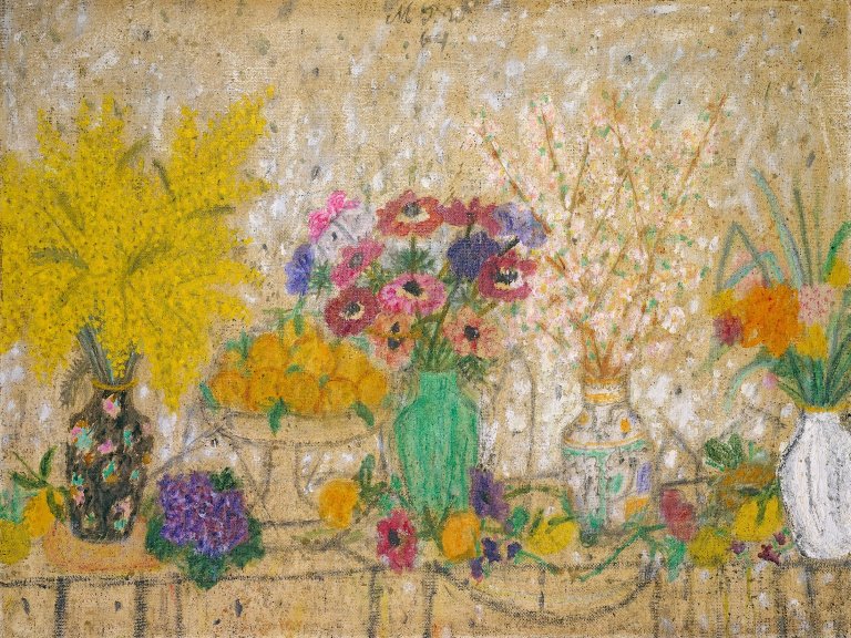 Auf diesem Bild ist das folgende Kunstwerk zu sehen: Max Peiffer Watenphul. Stilleben mit Mimosen. 1964.
