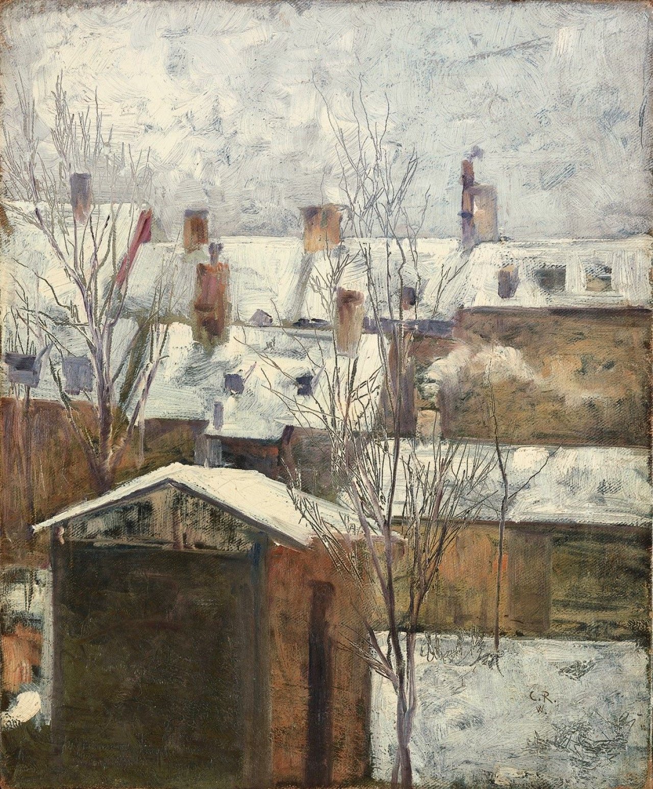 Auf diesem Bild ist das folgende Kunstwerk zu sehen: Christian Rohlfs. „Dächer in Weimar im Winter“. Um 1883.