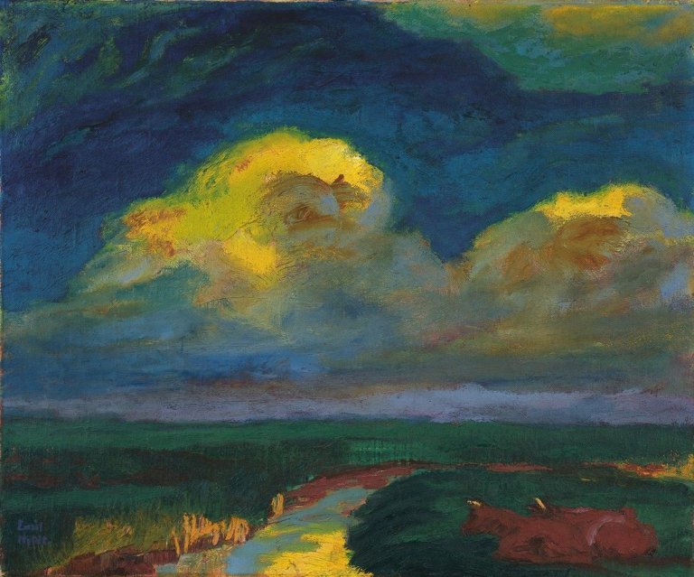 Auf diesem Bild ist das folgende Kunstwerk zu sehen: Emil Nolde. „Landschaft (mit ruhenden Kühen)“. 1925.
