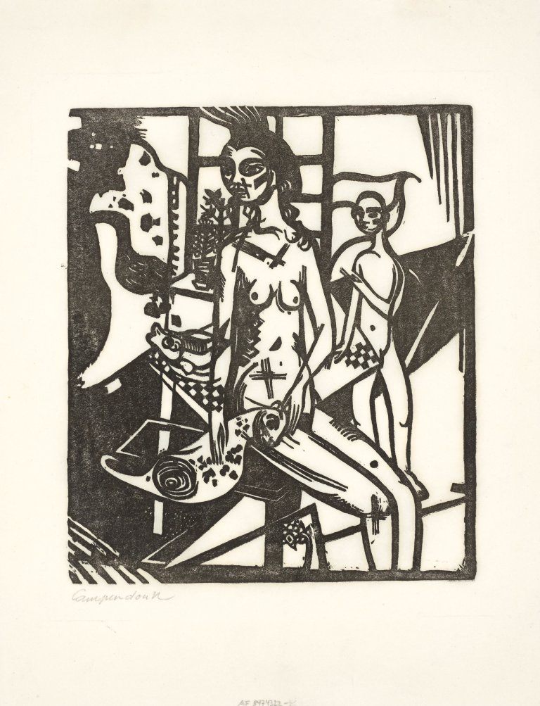 Auf diesem Bild ist das folgende Kunstwerk zu sehen: Heinrich Campendonk. „Interieur mit zwei Akten“. 1918.