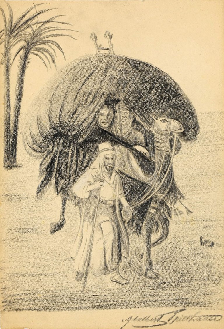 Auf diesem Bild ist das folgende Kunstwerk zu sehen: Adalbert Trillhaase. Ein beladenes Wüstenschiff.