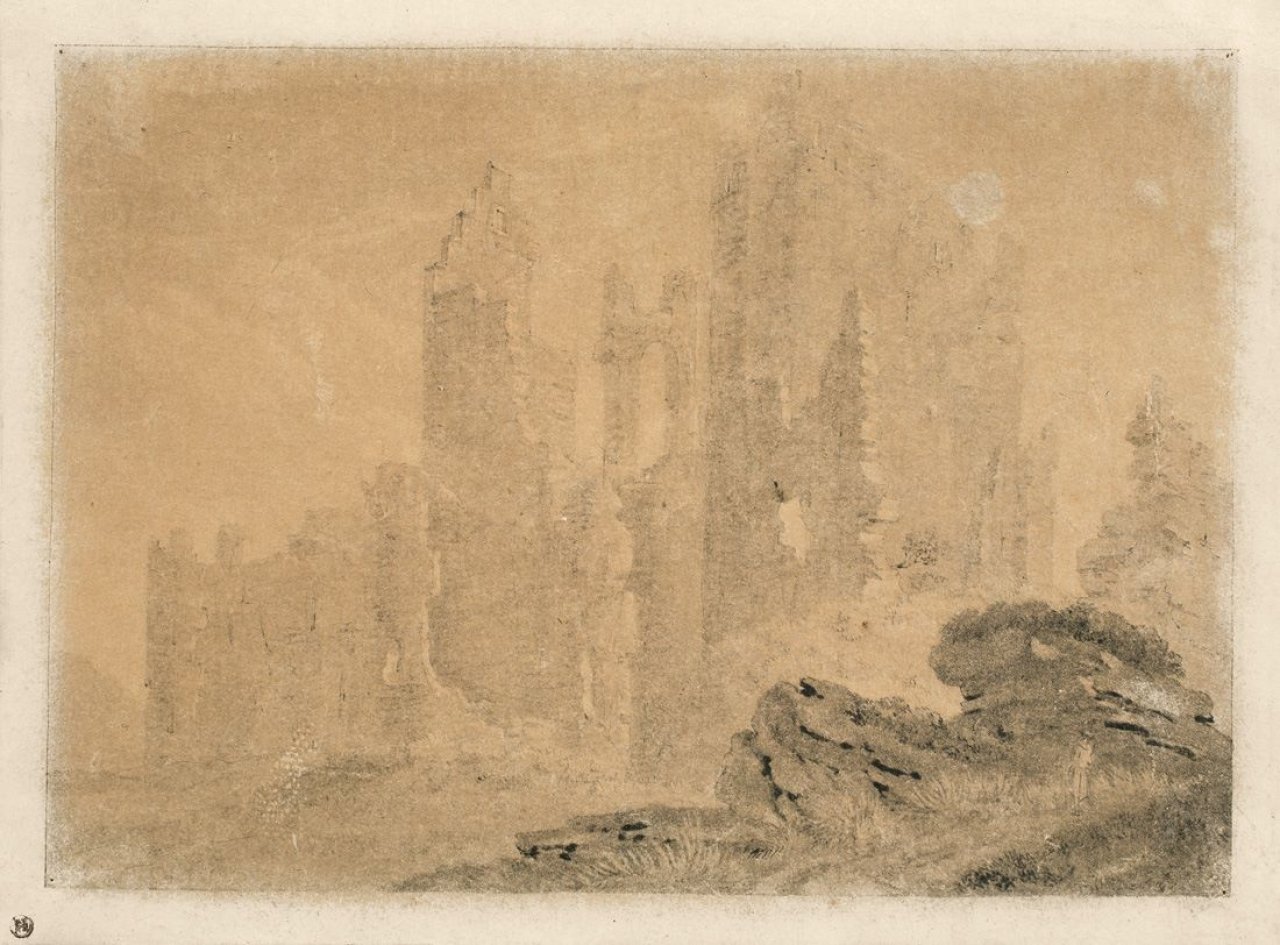 Auf diesem Bild ist das folgende Kunstwerk zu sehen:  Deutsch, um 1800. Ruine im Nebel.
